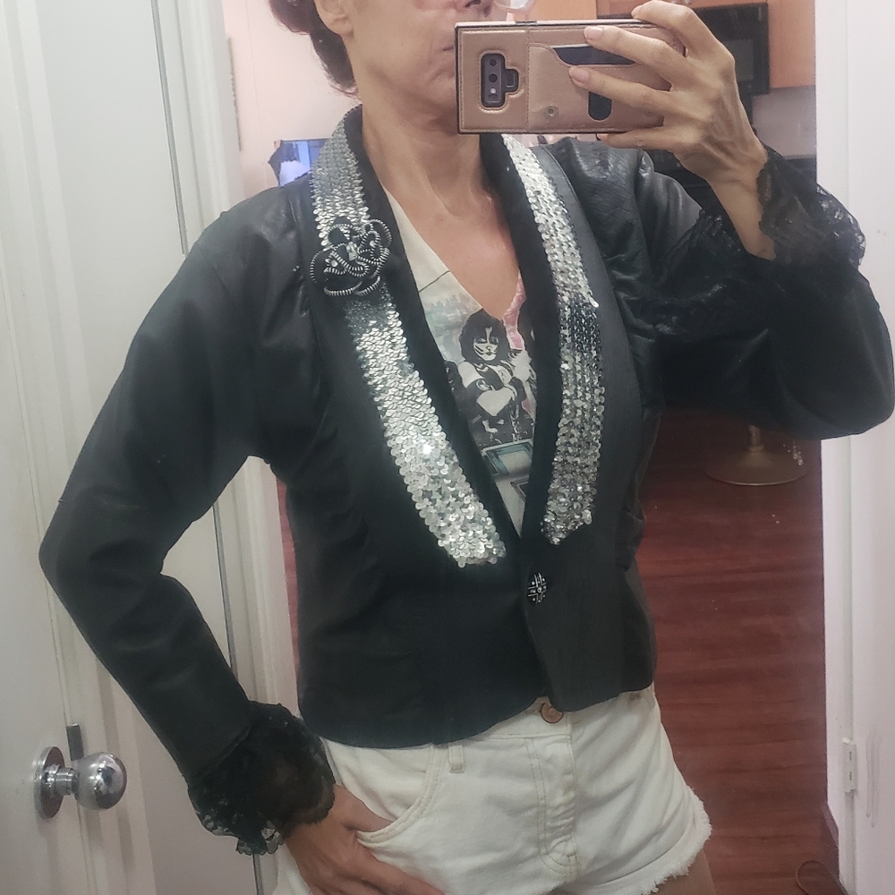 Vtg 80s black Leather Jacket sequins collar puff sleeves Art to Wear L